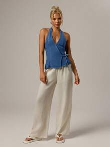 Forever 21 Women's Casual Side Tie Halter Neck Denim Top