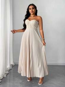 SHEIN Unity Plus Size Women Elegant Romantic Strapless Pleated Midi Dress - Apricot - View 5