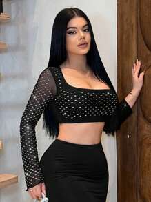 SHEIN SXY 女士时尚性感水钻网眼拼接短款上衣 - 黑色 - 查看 3