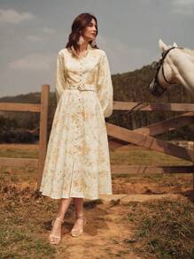 Anewsta 都市优雅数码印花灯笼袖长裙，适合春季度假