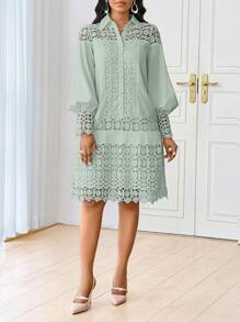 SHEIN Lady 春夏休闲优雅工作白色撞色蕾丝衬衫裙束腰连衣裙中长款女士连衣裙 - 薄荷綠 - 查看 8
