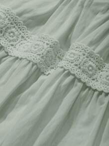 女童中长款 A 字形蕾丝拼接纯色公主风圆领长袖连衣裙，加大码 - 綠色 - 查看 6