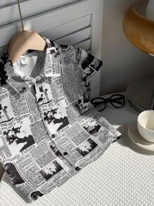Kids Boy Casual Newspaper Print Turndown Collar Zip-Up Short Sleeve Woven Shirt, Suitable For Commuting, School, Daily Life, Vacation, Sports, Spring/Summer/Autumn/Winter