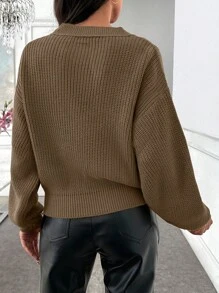 SHEIN Cottnline Casual Cut Out Detailed Turtle Neck Cable Knit Drop Shoulder Balloon Sleeve Sweater - Camel - View 2