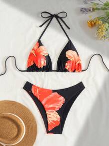 Spring Break Pattern Print Halter Backless Top And Cute Patterned Shorts Bikini Set For Women, Fashion Resort Wear For Summer Beach Vacation - Multicolor - View 3