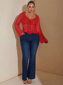 SHEIN BAE Blusa de encaje transparente con lazo frontal, romántica y dulce para mujer de talla grande, ropa de mujer para otoño
