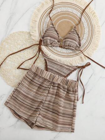 Swim Mod 女士 3 件套波西米亚风格钩针泳装比基尼套装和罩衫短裤套装，海滩夏装