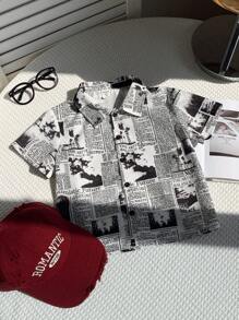 Kids Boy Casual Newspaper Print Turndown Collar Zip-Up Short Sleeve Woven Shirt, Suitable For Commuting, School, Daily Life, Vacation, Sports, Spring/Summer/Autumn/Winter