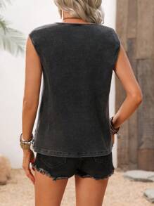 SHEIN LUNE Parte superior sin mangas casual con cuello en V y cuentas lavadas para mujer, ideal para festivales de música, uso diario, tops de verano, tops cortos, camisas, vacaciones, salidas, playa, estilo occidental, conciertos, festivales bohemios, punk, fiesta
