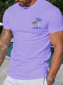 Manfinity RSRT Men's Palm Tree Print Crew Neck Short Sleeve Casual Slim Fit T-Shirt - Purple - View 1