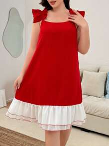 SHEIN Plus Size Contrast Color Ruffle Trim Wide Strap Nightgown - Red - View 4