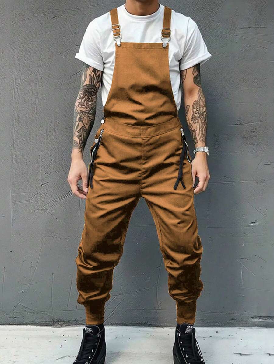 Manfinity Homme Men's Casual Solid Color Zipper Pocket Suspender Pants Overall Men - Khaki - View 1