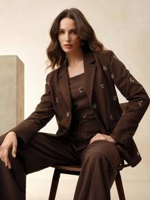 Anewsta Women's Elegant Loose Fit Pearl Embroidered Blazer, Sophisticated & Classy