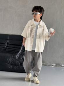 2pcs/Set Tween Boys' Casual Korean Style Letter & Graphic Print Short Sleeve Polo Shirt And Loose Woven 3/4 Pants Outfit