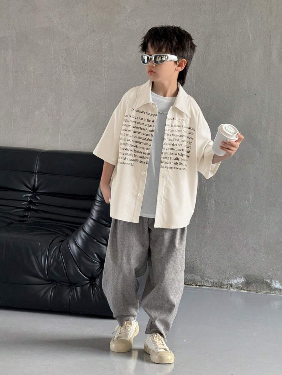 2pcs/Set Tween Boys' Casual Korean Style Letter & Graphic Print Short Sleeve Polo Shirt And Loose Woven 3/4 Pants Outfit