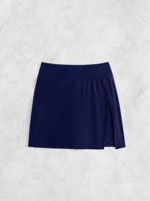 女士纯色优雅侧开衩沙滩短裤 - 藏蓝色 - 查看 7