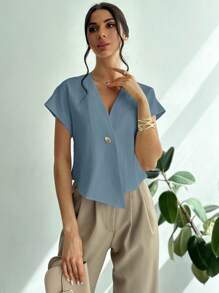 Firerie Women's V-Neck Asymmetric Hem Cinched Waist Metal Decor Minimalist Business Shirt