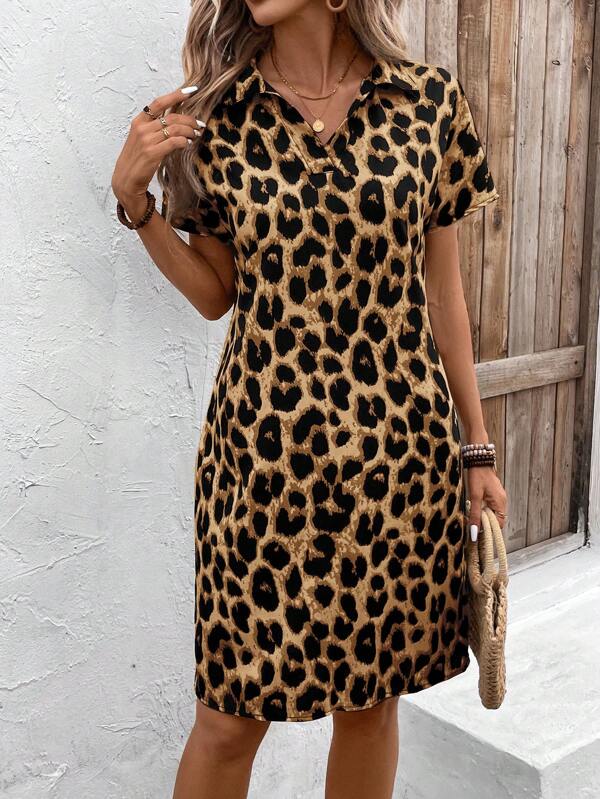 EMERY ROSE Plus Size Leopard Print Cut-Out Neckline Casual Vacation Dress