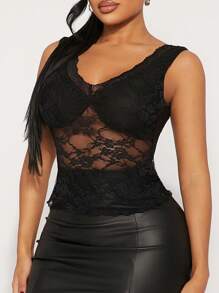 SHEIN SXY Solid Black Sexy Lace See-Through Tank Top, Versatile Layering Piece, Suitable For Music Festivals, Everyday Wear, Parties, Clubs, Dates, Vacations, Beaches, Swimsuit Cover-Ups, Spring/Summer