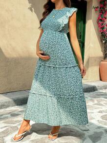 SHEIN Vestido largo de enfermería con volantes y estampado floral de margaritas para embarazadas