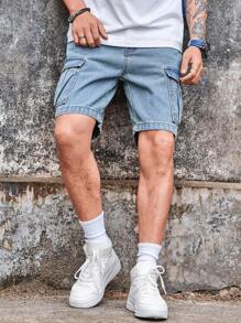 Manfinity Homme 休闲街头风格浅蓝色工装口袋男式牛仔短裤