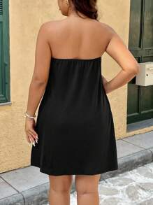 FleurLily Plus Size Simple Tube Top Metal Decor Mesh Knit Elastic Dress - Black - View 11