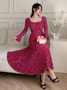 DAZY Women Square Neck Long Sleeve Textured Fabric Dress Elegant,Ruffle,Fall Dress - Burgundy - View 5