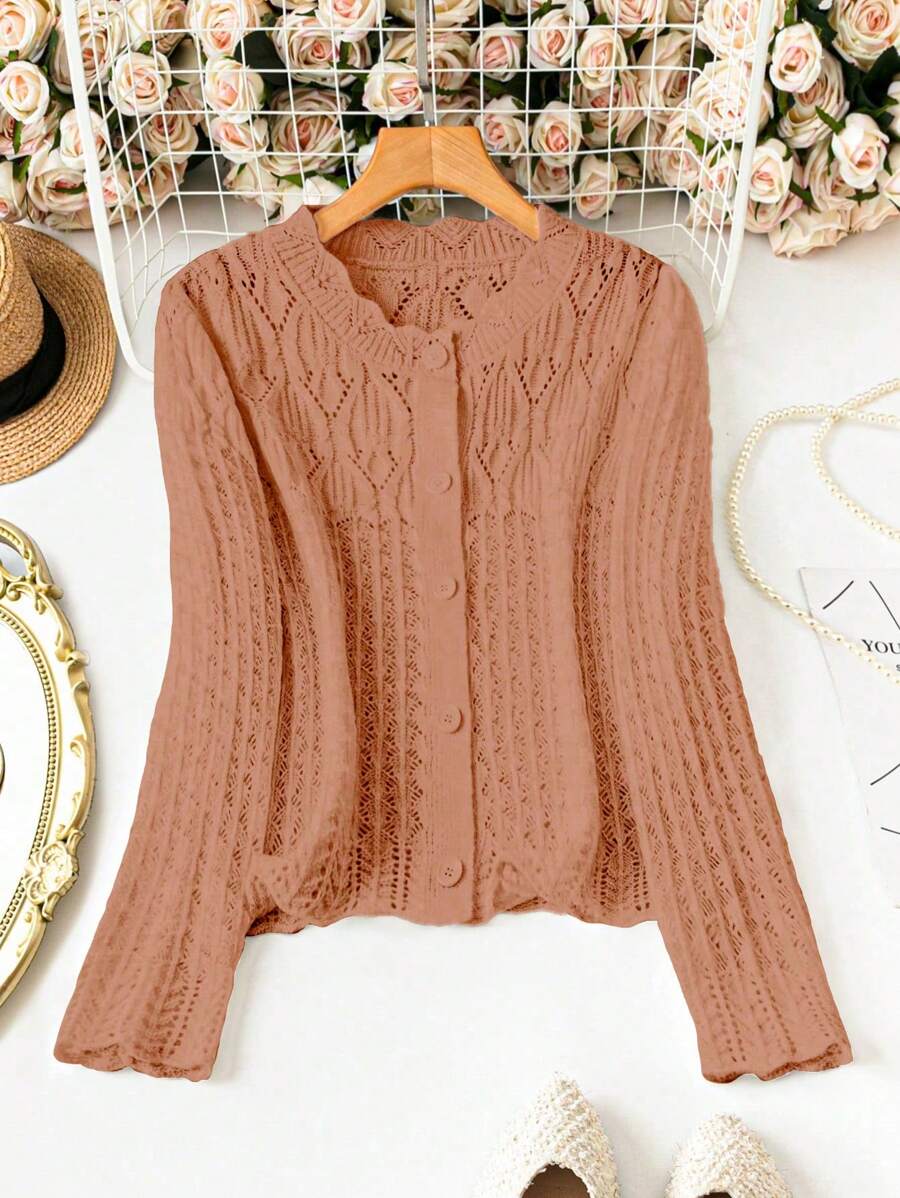 SHEIN LUNE Women Plus Size Solid Single-Breasted Hollow Out Long Sleeve Casual Cardigan