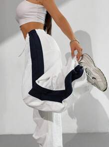 Comfortcana 女款抽绳腰拼色阔腿休闲裤