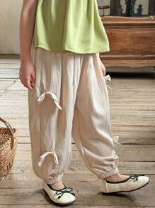 SHEIN LMoss Kids 年轻女孩宽松纯色抽绳九分裤 - 杏色 - 查看 4