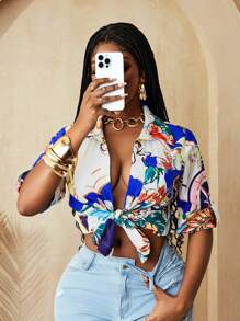 BamGleam Women's Floral Print Knotted Front Short Sleeve Vacation Shirt