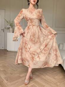 DAZY 中长 V 领花卉荷叶边女式连衣裙优雅秋季连衣裙长袖连衣裙