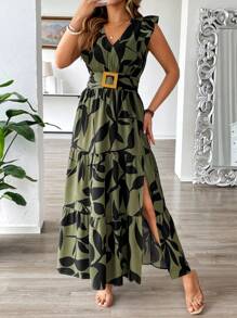 Breezaya Plus Size Women's Elegant French Style Casual/Vacation Beach Long V-Neck Sleeveless Layered A-Line Dress With Wooden Button Decoration, Spring/Summer
