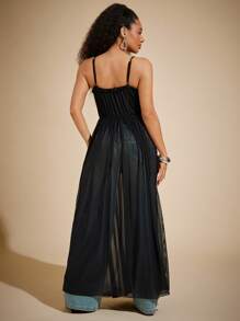 Vixey Sheer Mesh Frill Trim Cami Strap Tunic Cover Up Top, Boho, Hippie, Festival, Summer Beach Vacation Outfits - Black - View 4