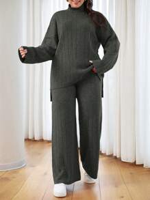 EURMUSE OLUS SIZE HIGH NECK CASUAL SWEATER CORDS - Dark Grey - View 1