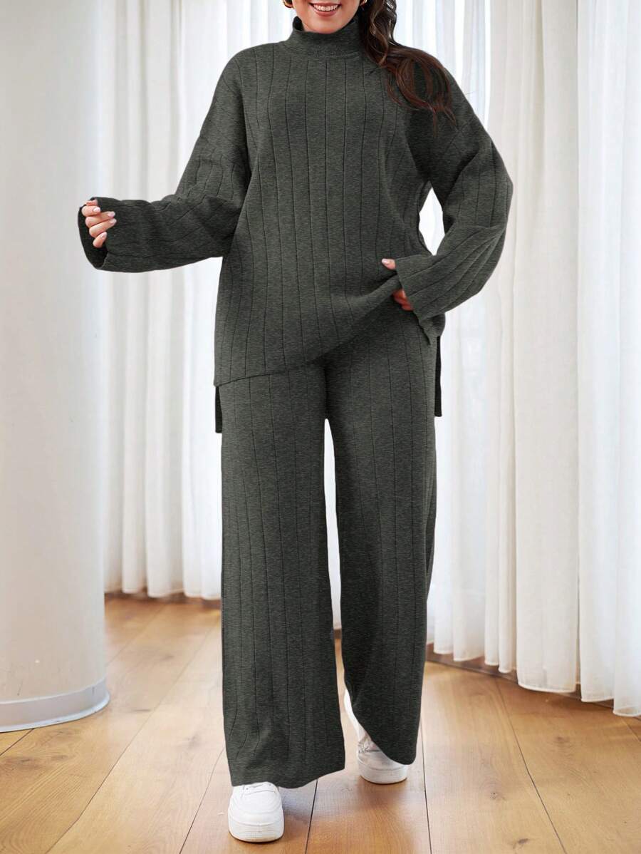 EURMUSE OLUS SIZE HIGH NECK CASUAL SWEATER CORDS - Dark Grey - View 1