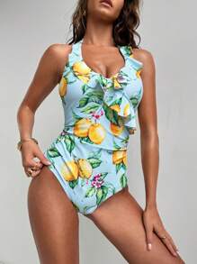 SHEIN Swim Lushore Women's Holiday Lemon Print Ruffle Neck One-Piece Swimsuit - Multicolor - View 4