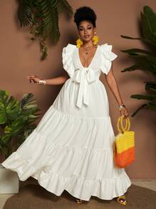Maweii Vestido casual de talla grande para mujer, tipo línea A, de un solo color, con lazo en el pecho, para vacaciones
