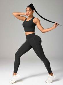 Eassivo Eassivo Bộ đồ tập luyện thể thao và quần legging chéo lưng màu trơn cho nữ - màu đen - Xem 4