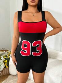 SHEIN EZwear Plus Size Letter Print Contrast Color Tight Jumpsuit, Spring