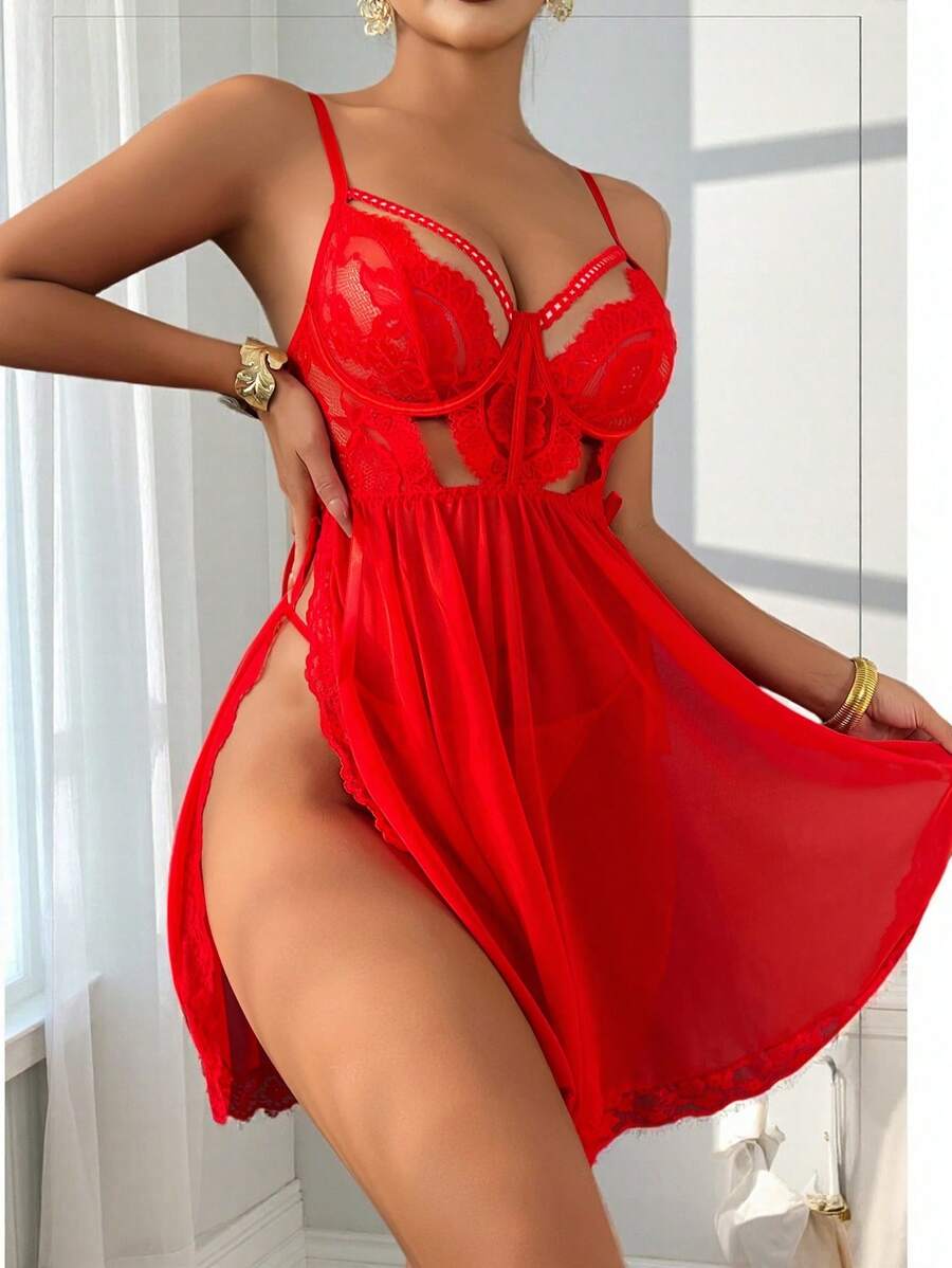 2pcs Lace Patchwork Sheer Sexy Ladies Nightgown Set - Red - View 1