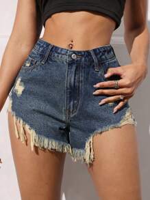 SHEIN EZwear Casual Distressed Denim Shorts With Tassel Hem - Dark Wash - View 4