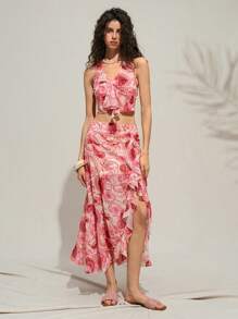 SHEIN LUNE Conjunto de 2 piezas de top halter estampado floral y mini falda de estilo bohemio y vacaciones para mujeres, atuendo de vacaciones para mujeres