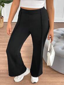 SHEIN Tall CURVE 大码女式简约日常喇叭裤，舒适休闲，春季休闲黑色长裤，通勤、办公、运动皆宜 - 黑色 - 查看 3