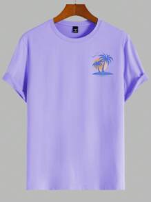 Manfinity RSRT Men's Palm Tree Print Crew Neck Short Sleeve Casual Slim Fit T-Shirt - Purple - View 4