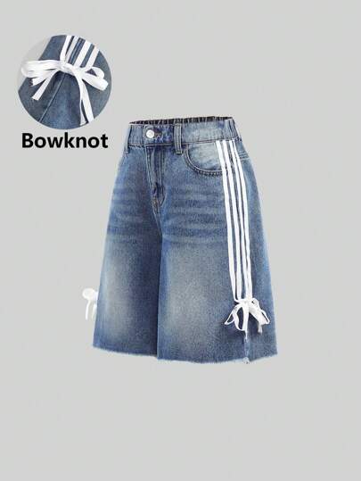 SHEIN Girlism Teen Girls Y2K Fashion, cu dungi laterale, cu fund, largi, blugi, vintage, casual, din denim, pantaloni scurți lungi, cu buzunare înclinate și tiv brut, ținute de vacanță de primăvară-vară pentru fete, concert de vară, festival rave, pantaloni scurți largi, ținute de streetwear