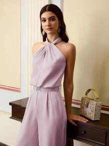 ZEYLAH Macaquinho Elegante de Cor Sólida com Babado no Halter e Cintura Elástica para Encontros - Rosa chiclete - Visão 4