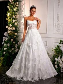 Glamrae Elegant Romantic White 3D Floral Lace Strapless Asymmetric Peplum Maxi Dress, Suitable For Weddings, Bridal, Bride - White - View 6