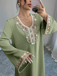 Al Najma Women's Elegant Embroidered Applique Arabic Style Long Dress, Modest Kaftan - Mint Green - View 3