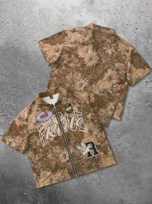 PAVTROS 男士油画向日葵字母印花飞马印花拉链衬衫